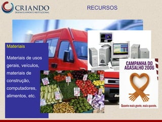 RECURSOS




Materiais

Materiais de usos
gerais, veículos,
materiais de
construção,
computadores,
alimentos, etc.
 