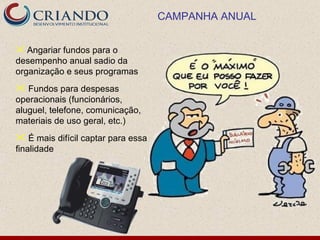 CAMPANHA ANUAL


 Angariar fundos para o
desempenho anual sadio da
organização e seus programas
 Fundos para despesas
operacionais (funcionários,
aluguel, telefone, comunicação,
materiais de uso geral, etc.)
 É mais difícil captar para essa
finalidade
 