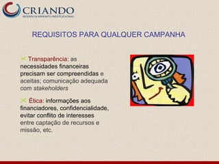 REQUISITOS PARA QUALQUER CAMPANHA


 Transparência: as
necessidades financeiras
precisam ser compreendidas e
aceitas; comunicação adequada
com stakeholders

 Ética: informações aos
financiadores, confidencialidade,
evitar conflito de interesses
entre captação de recursos e
missão, etc.
 