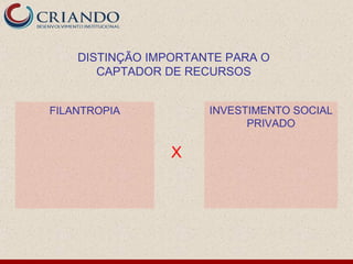 DISTINÇÃO IMPORTANTE PARA O
       CAPTADOR DE RECURSOS


FILANTROPIA           INVESTIMENTO SOCIAL
                            PRIVADO

                 X
 
