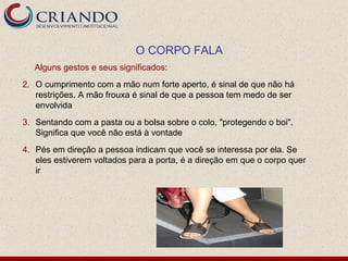 O CORPO FALA
   Alguns gestos e seus significados:
2. O cumprimento com a mão num forte aperto, é sinal de que não há
   restrições. A mão frouxa é sinal de que a pessoa tem medo de ser
   envolvida
3. Sentando com a pasta ou a bolsa sobre o colo, "protegendo o boi".
   Significa que você não está à vontade
4. Pés em direção a pessoa indicam que você se interessa por ela. Se
   eles estiverem voltados para a porta, é a direção em que o corpo quer
   ir
 