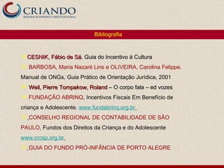 Bibliografia


CESNIK, Fábio de Sá. Guia do Incentivo à Cultura
 BARBOSA, Maria Nazaré Lins e OLIVEIRA, Carolina Felippe.
Manual de ONGs, Guia Prático de Orientação Jurídica, 2001
 Weil, Pierre Tompakow, Roland – O corpo fala – ed vozes
 FUNDAÇÃO ABRINQ, Incentivos Fiscais Em Benefício de
criança e Adolescente. www.fundabrinq.org.br
 CONSELHO REGIONAL DE CONTABILIDADE DE SÃO
PAULO, Fundos dos Direitos da Criança e do Adolescente
www.crcsp.org.br
 GUIA DO FUNDO PRÓ-INFÂNCIA DE PORTO ALEGRE
 