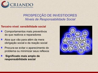 PROSPECÇÃO DE INVESTIDORES
                  Níveis de Responsabilidade Social

Terceiro nível: sensibilidade social
  Comportamentos mais preventivos
  do que reativos e reparadores
  Atos que vão para além da mera
  obrigação social e da reação social
  Procura-se evitar o aparecimento do
  problema ou minimizar seus reflexos
   Significado mais amplo de
  responsabilidade social
 