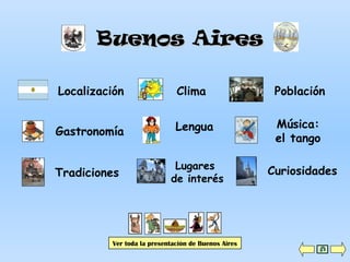 Buenos AiresBuenos Aires
ClimaLocalización Población
LenguaGastronomía
Lugares
de interés
Música:
el tango
Tradiciones Curiosidades
Ver toda la presentación de Buenos Aires
 
