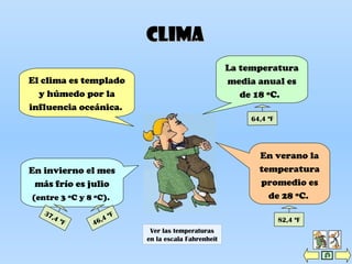 En invierno el mes
más frío es julio
(entre 3 ºC y 8 ºC).
En verano la
temperatura
promedio es
de 28 ºC.
El clima es templado
y húmedo por la
influencia oceánica.
La temperatura
media anual es
de 18 ºC.
ClimaClima
Ver las temperaturas
en la escala Fahrenheit
37,4 ºF 46,4 ºF
64,4 ºF
82,4 ºF
 