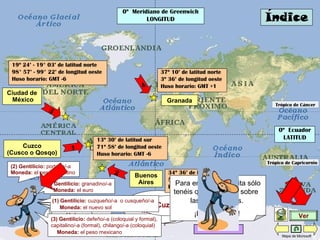 Ocultar todo
¿O quizá
Granada
?
¿Buenos
Aires?
¿Ciudad de
México?¿Qué ciudad
les gustaría
visitar?
¡La elección
es suya!¡Hola
amigos!
1
4
2
Ciudad de
México
Ver
34º 36’ de latitud sur
58º 26’ de longitud oeste
Huso horario: GMT -3
0º Ecuador
LATITUD
19º 24’ - 19° 03’ de latitud norte
98° 57’ - 99° 22’ de longitud oeste
Huso horario: GMT -6
Granada
37º 10’ de latitud norte
3º 36’ de longitud oeste
Huso horario: GMT +1
Trópico de Cáncer
Trópico de Capricornio
Cuzco
(Cusco o Qosqo)
3
0º Meridiano de Greenwich
LONGITUD
13º 30’ de latitud sur
71º 58’ de longitud oeste
Huso horario: GMT -6
Buenos
Aires
(2) Gentilicio: porteño/-a
Moneda: el peso argentino
(4) Gentilicio: granadino/-a
Moneda: el euro
Índice
(3) Gentilicio: defeño/-a (coloquial y formal),
capitalino/-a (formal), chilango/-a (coloquial)
Moneda: el peso mexicano
¿Cuzco?
(1) Gentilicio: cuzqueño/-a o cusqueño/-a
Moneda: el nuevo sol
Para empezar la visita sólo
tenéis que hacer clic sobre
las flechas rojas.
¡BUEN VIAJE!
Mapa de Microsoft
 