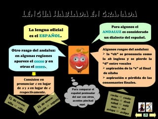 Lengua hablada en granadaLengua hablada en granada
Algunos rasgos del andaluz:
 la “ch” se pronuncia como
la sh inglesa y se pierde la
“d” entre vocales
 aspiración de la “s” al final
de sílaba
 aspiración o pérdida de las
consonantes finales.
Otro rasgo del andaluz:
en algunas regiones
aparece el ceceo y en
otras el seseo.
La lengua oficial
es el ESPAÑOL.
Para algunos el
ANDALUZ es considerado
un dialecto del español.
coche  coshededos  deohsalud  salúmás  máavispa  avihpa
Consisten en
pronunciar c en lugar
de s y s en lugar de c
respectivamente.
Para comparar el
español peninsular
del sur con otros
acentos pinchad
aquí.
Ej. de seseo:
zapato 
sapato
Ej. de ceceo:
silla 
cilla
 