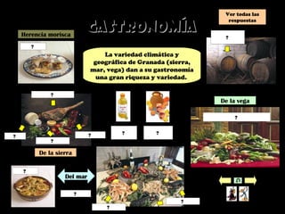 GastronomíaGastronomía
La variedad climática y
geográfica de Granada (sierra,
mar, vega) dan a su gastronomía
una gran riqueza y variedad.
Del marDel mar
Herencia morisca
De la sierra
De la vega
el marisco
el jamón serrano
los chorizos?el queso?
un tonel de
vino
?
las morcillas?
las gambas?
el bogavante?
las verduras y las hortalizas?
?
?
la paella?
las pastas?
el aceite
de oliva
? una jarra
de sangría
?
Ver todas las
respuestas
 