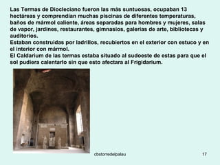 Las Termas de Diocleciano fueron las más suntuosas, ocupaban 13 hectáreas y comprendían muchas piscinas de diferentes temperaturas, baños de mármol caliente, áreas separadas para hombres y mujeres, salas de vapor, jardines, restaurantes, gimnasios, galerías de arte, bibliotecas y auditorios.  Estaban construidas por ladrillos, recubiertos en el exterior con estuco y en el interior con mármol.  El Caldarium de las termas estaba situado al sudoeste de estas para que el sol pudiera calentarlo sin que esto afectara al Frigidarium. 