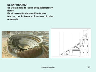 EL ANFITEATRO:  Se utiliza para la lucha de gladiadores y fieras.  Es el resultado de la unión de dos teatros, por lo tanto su forma es circular u ovalada. 