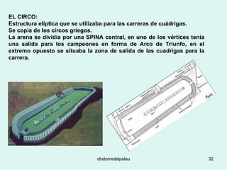 EL CIRCO:  Estructura elíptica que se utilizaba para las carreras de cuádrigas.  Se copia de los circos griegos.  La arena se dividía por una SPINA central, en uno de los vértices tenía una salida para los campeones en forma de Arco de Triunfo, en el extremo opuesto se situaba la zona de salida de las cuadrigas para la carrera.   