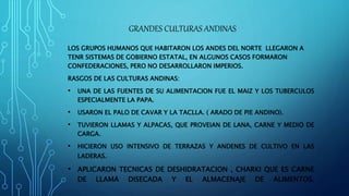 GRANDES CULTURAS ANDINAS
LOS GRUPOS HUMANOS QUE HABITARON LOS ANDES DEL NORTE LLEGARON A
TENR SISTEMAS DE GOBIERNO ESTATAL, EN ALGUNOS CASOS FORMARON
CONFEDERACIONES, PERO NO DESARROLLARON IMPERIOS.
RASGOS DE LAS CULTURAS ANDINAS:
• UNA DE LAS FUENTES DE SU ALIMENTACION FUE EL MAIZ Y LOS TUBERCULOS
ESPECIALMENTE LA PAPA.
• USARON EL PALO DE CAVAR Y LA TACLLA. ( ARADO DE PIE ANDINO).
• TUVIERON LLAMAS Y ALPACAS, QUE PROVEIAN DE LANA, CARNE Y MEDIO DE
CARGA.
• HICIERON USO INTENSIVO DE TERRAZAS Y ANDENES DE CULTIVO EN LAS
LADERAS.
• APLICARON TECNICAS DE DESHIDRATACION , CHARKI QUE ES CARNE
DE LLAMA DISECADA Y EL ALMACENAJE DE ALIMENTOS.
 