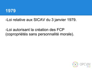 1979
-Loi relative aux SICAV du 3 janvier 1979.

-Loi autorisant la création des FCP
(copropriétés sans personnalité morale).
 