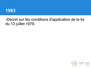 1983
-Décret sur les conditions d'application de la loi
du 13 juillet 1979.
 