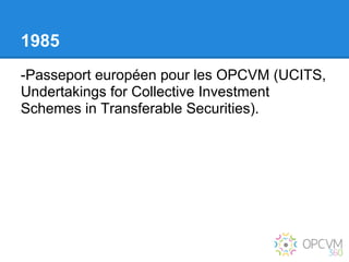 1985
-Passeport européen pour les OPCVM (UCITS,
Undertakings for Collective Investment
Schemes in Transferable Securities).
 