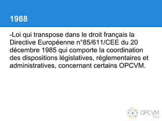 1988
-Loi qui transpose dans le droit français la
Directive Européenne n°85/611/CEE du 20
décembre 1985 qui comporte la coordination
des dispositions législatives, réglementaires et
administratives, concernant certains OPCVM.
 