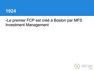 1924
-Le premier FCP est créé à Boston par MFS
Investment Management
 