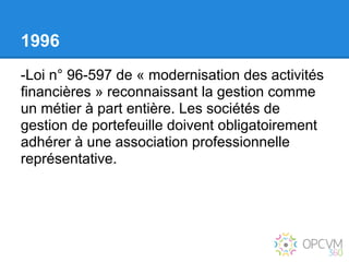 1996
-Loi n° 96-597 de « modernisation des activités
financières » reconnaissant la gestion comme
un métier à part entière. Les sociétés de
gestion de portefeuille doivent obligatoirement
adhérer à une association professionnelle
représentative.
 