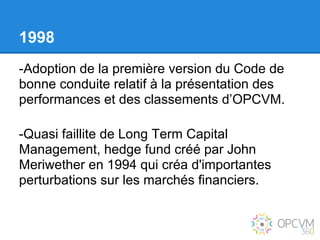 1998
-Adoption de la première version du Code de
bonne conduite relatif à la présentation des
performances et des classements d’OPCVM.

-Quasi faillite de Long Term Capital
Management, hedge fund créé par John
Meriwether en 1994 qui créa d'importantes
perturbations sur les marchés financiers.
 