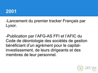 2001
-Lancement du premier tracker Français par
Lyxor.

-Publication par l’AFG-AS FFI et l’AFIC du
Code de déontologie des sociétés de gestion
bénéficiant d’un agrément pour le capital-
investissement, de leurs dirigeants et des
membres de leur personnel.
 