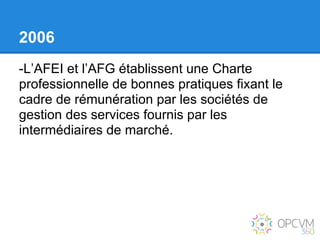 2006
-L’AFEI et l’AFG établissent une Charte
professionnelle de bonnes pratiques fixant le
cadre de rémunération par les sociétés de
gestion des services fournis par les
intermédiaires de marché.
 