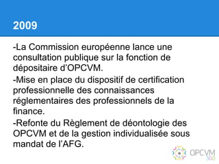 2009
-La Commission européenne lance une
consultation publique sur la fonction de
dépositaire d’OPCVM.
-Mise en place du dispositif de certification
professionnelle des connaissances
réglementaires des professionnels de la
finance.
-Refonte du Règlement de déontologie des
OPCVM et de la gestion individualisée sous
mandat de l’AFG.
 