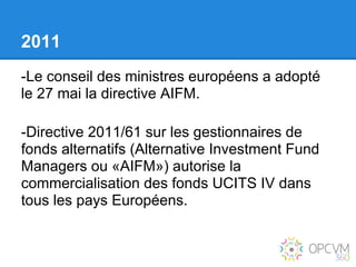 2011
-Le conseil des ministres européens a adopté
le 27 mai la directive AIFM.

-Directive 2011/61 sur les gestionnaires de
fonds alternatifs (Alternative Investment Fund
Managers ou «AIFM») autorise la
commercialisation des fonds UCITS IV dans
tous les pays Européens.
 