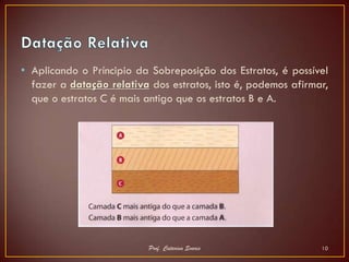 • Aplicando o Príncipio da Sobreposição dos Estratos, é possível
  fazer a datação relativa dos estratos, isto é, podemos afirmar,
  que o estratos C é mais antigo que os estratos B e A.




                           Prof. Catarina Soares               10
 