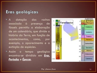 • A     datação      das    rochas
  associada à presença de
  fósseis permitiu a elaboração
  de um calendário, que divide a
  história da Terra, em função de
  acontecimentos, como, por
  exemplo, o aparecimento e a
  extinção de espécies.
• Assim o tempo geológico
  encontra-se dividido em Eras,
  Períodos e Épocas.

                           Prof. Catarina Soares   14
 