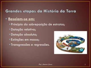 • Baseiam-se em:
 • Príncipio da sobreposição de estratos;
 • Datação relativa;
 • Datação absoluta;
 • Extinções em massa;
 • Transgressões e regressões.




                      Prof. Catarina Soares   2
 