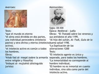Averroes:
Tesis:
*que el mundo es eterno
*el alma está dividida en dos partes,
una individual perecedera (intelecto
pasivo) y otra divina y eterna (intelecto
activo).
*el intelecto activo es común a todos
los hombres.
Obras:
*kitab fasl al- maqal (sobre la armonía
entre religión y filosofía)
*bidayat al- mujtahid (distinguido
jurista)
Maimonides:
Siglo: XII-XIII
Época: Medieval - judía
Obras: *El Tratado sobre los venenos y
sus antídotos el año 1199.
*Al hijo del sultán, Al- Fadl, Guía de la
buena salud 1198.
*La Explicación de las
alteraciones 1200
Tesis:
*El intelecto agente es único y
separado, para todos los hombres.
*La inmortalidad no corresponde al
hombre individual,
*El hombre no es inmortal en cuanto
individuo, sino sólo como parte del
intelecto activo.
 