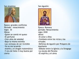 San Anselmo:
-
Época: grandes conflictos
Periodo: renacimiento
Siglo: XI
Obras:
-Quien se comió mi queso
-El perfume
-Cien años de soledad
-Bajo la misma estrella
-Las ventajas de ser invisible
-Ya no me acuerdo
-Andrés y el dragón matemático
-Y era de hielo 3 muy buena por
cierto
San Agustín:
Época: Romana
periodo: Renacimiento
siglo: XVIII
obras:
-El amor a Dios
-Combate entre los vicios y las
virtudes
-Defensa de Agustín por Próspero de
Aquitania
-Debate entre la Iglesia y la Sinagoga
-La escala del Paraíso
-El espíritu y el alma
 
