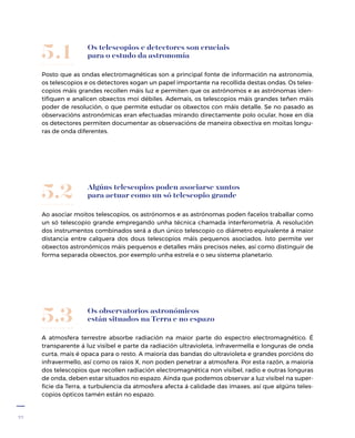 22
Os teles­copios e detectores son cruciais
para o estudo da astronomía
Posto que as ondas electromagnéticas son a principal fonte de información na astronomía,
os teles­copios e os detectores xogan un papel importante na recollida destas ondas. Os teles­
copios máis grandes recollen máis luz e permiten que os astrónomos e as astrónomas iden-
tifiquen e analicen obxectos moi débiles. Ademais, os teles­copios máis grandes teñen máis
poder de resolución, o que permite estudar os obxectos con máis detalle. Se no pasado as
observacións astronómicas eran efectuadas mirando directamente polo ocular, hoxe en día
os detectores permiten documentar as observacións de maneira obxectiva en moitas longu-
ras de onda diferentes.
5.1
Algúns teles­copios poden asociarse xuntos
para actuar como un só teles­copio grande
Ao asociar moitos teles­copios, os astrónomos e as astrónomas poden facelos traballar como
un só teles­copio grande empregando unha técnica chamada interferometría. A resolución
dos instrumentos combinados será a dun único teles­copio co diámetro equivalente á maior
distancia entre calquera dos dous teles­copios máis pequenos asociados. Isto permite ver
obxectos astronómicos máis pequenos e detalles máis precisos neles, así como distinguir de
forma separada obxectos, por exemplo unha estrela e o seu sistema planetario.
5.2
Os observatorios astronómicos
están situados na Terra e no espazo
A atmosfera terrestre absorbe radiación na maior parte do espectro electromagnético. É
transparente á luz visíbel e parte da radiación ultravioleta, infravermella e longuras de onda
curta, mais é opaca para o resto. A maioría das bandas do ultravioleta e grandes porcións do
infravermello, así como os raios X, non poden penetrar a atmosfera. Por esta razón, a maioría
dos teles­copios que recollen radiación electromagnética non visíbel, radio e outras longuras
de onda, deben estar situados no espazo. Aínda que podemos observar a luz visíbel na super-
ficie da Terra, a turbulencia da atmosfera afecta á calidade das imaxes, así que algúns teles­
copios ópticos tamén están no espazo.
5.3
 