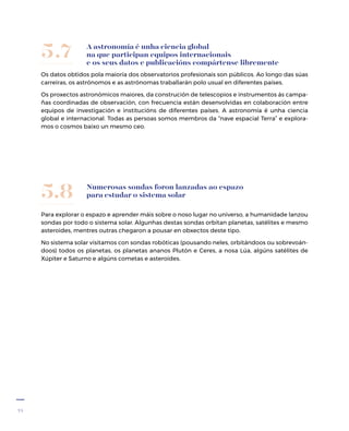24
A astronomía é unha ciencia global
na que participan equipos internacionais
e os seus datos e publicacións compártense libremente
Os datos obtidos pola maioría dos observatorios profesionais son públicos. Ao longo das súas
carreiras, os astrónomos e as astrónomas traballarán polo usual en diferentes países.
Os proxectos astronómicos maiores, da construción de teles­copios e instrumentos ás campa-
ñas coordinadas de observación, con frecuencia están desenvolvidas en colaboración entre
equipos de investigación e institucións de diferentes países. A astronomía é unha ciencia
global e internacional. Todas as persoas somos membros da “nave espacial Terra” e explora-
mos o cosmos baixo un mesmo ceo.
5.7
Numerosas sondas foron lanzadas ao espazo
para estudar o sistema solar
Para explorar o espazo e aprender máis sobre o noso lugar no universo, a humanidade lanzou
sondas por todo o sistema solar. Algunhas destas sondas orbitan planetas, satélites e mesmo
asteroides, mentres outras chegaron a pousar en obxectos deste tipo.
No sistema solar visitamos con sondas robóticas (pousando neles, orbitándoos ou sobrevoán-
doos) todos os planetas, os planetas ananos Plutón e Ceres, a nosa Lúa, algúns satélites de
Xúpiter e Saturno e algúns cometas e asteroides.
5.8
 