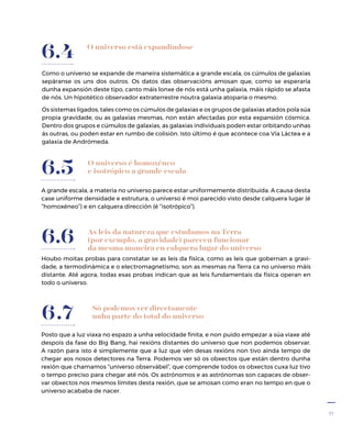 27
O universo é homoxéneo
e isotrópico a grande escala
A grande escala, a materia no universo parece estar uniformemente distribuída. A causa desta
case uniforme densidade e estrutura, o universo é moi parecido visto desde calquera lugar (é
“homoxéneo”) e en calquera dirección (é “isotrópico”).
6.5
As leis da natureza que estudamos na Terra
(por exemplo, a gravidade) parecen funcionar
da mesma maneira en calquera lugar do universo
Houbo moitas probas para constatar se as leis da física, como as leis que gobernan a gravi-
dade, a termodinámica e o electromagnetismo, son as mesmas na Terra ca no universo máis
distante. Até agora, todas esas probas indican que as leis fundamentais da física operan en
todo o universo.
6.6
O universo está expandíndose
Como o universo se expande de maneira sistemática a grande escala, os cúmulos de galaxias
sepáranse os uns dos outros. Os datos das observacións amosan que, como se esperaría
dunha expansión deste tipo, canto máis lonxe de nós está unha galaxia, máis rápido se afasta
de nós. Un hipotético observador extraterrestre noutra galaxia atoparía o mesmo.
Os sistemas ligados, tales como os cúmulos de galaxias e os grupos de galaxias atados pola súa
propia gravidade, ou as galaxias mesmas, non están afectadas por esta expansión cósmica.
Dentro dos grupos e cúmulos de galaxias, as galaxias individuais poden estar orbitando unhas
ás outras, ou poden estar en rumbo de colisión. Isto último é que acontece coa Vía Láctea e a
galaxia de Andrómeda.
6.4
Só podemos ver directamente
unha parte do total do universo
Posto que a luz viaxa no espazo a unha velocidade finita, e non puido empezar a súa viaxe até
despois da fase do Big Bang, hai rexións distantes do universo que non podemos observar.
A razón para isto é simplemente que a luz que vén desas rexións non tivo aínda tempo de
chegar aos nosos detectores na Terra. Podemos ver só os obxectos que están dentro dunha
rexión que chamamos “universo observábel”, que comprende todos os obxectos cuxa luz tivo
o tempo preciso para chegar até nós. Os astrónomos e as astrónomas son capaces de obser-
var obxectos nos mesmos límites desta rexión, que se amosan como eran no tempo en que o
universo acababa de nacer.
6.7
 