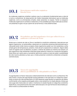 42
Detectáronse moléculas orgánicas
fóra da Terra
As moléculas orgánicas conteñen carbono, que é un elemento fundamental para a vida tal
e como a coñecemos. As observacións do medio interestelar demostran que as moléculas
orgánicas, como os aminoácidos simples, están presentes no espazo. Tamén se atoparon
moléculas orgánicas en cometas e meteoritos. É moi probábel que estas moléculas xa estive-
ran presentes no gas e no po a partir do cal se formou o noso Sistema Solar.
10.1
Trazas de auga líquida
abren a posibilidade de vida primitiva en Marte
A auga líquida é un factor clave para o desenvolvemento da vida tal e como a coñecemos. Por
este motivo, a busca de auga líquida noutros planetas e nas súas lúas é un obxectivo impor-
tante na busca de vida extraterrestre. En 2015 atopouse auga líquida na superficie de Marte,
confirmando unha sospeita prolongada sobre a súa existencia no citado planeta. Aínda que
esta auga está mesturada con sales e mantense en estado líquido só nalgunhas condicións
específicas, a súa presenza dá unha razón adicional para crer que formas de vida sinxelas pui-
deron existir ou aínda existen en Marte.
10.3
Descubriuse que hai organismos vivos que sobreviven en
ambientes extremos da Terra
Aínda que a maioría da vida na Terra é sensíbel ás condicións ambientais, descubriuse que
algúns organismos, os extremófilos, sobreviven en condicións extremas demostrando que a
vida pode existir onde menos se espera. Estes organismos poden ser moi resistentes a unha
ampla gama de temperaturas, presións, niveis de pH e exposicións á radiación. Algúns deles
viven en lugares como os desertos, os polos, o interior do océano ou mesmo nos volcáns. Un
dos organismos máis resistentes coñecidos pode sobrevivir mesmo en condicións de baleiro.
Estes feitos son razóns para un prudente optimismo cando se trata de avaliar a posibilidade
de vida noutros planetas ou lúas, que a miúdo presentan condicións ambientais comparati-
vamente duras.
10.2
 