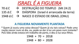 ISRAEL É A FIGUEIRA
70 d.C  DESTRUIÇÃO DO TEMPLO (Mt 24:2)
135 d.C  DIÁSPORA (Israel é arrancada da terra)
1948 d.C  NASCE O ESTADO DE ISRAEL (ONU)
A FIGUEIRA NOVAMENTE PLANTADA
8 Quem já ouviu uma coisa dessas? Quem já viu tais coisas? Pode uma
nação nascer num só dia, ou, pode-se dar à luz um povo num instante?
Pois Sião ainda estava em trabalho de parto, e deu à luz seus filhos.
1948 + 70 = 2018
1948 + 80 = 2028
 