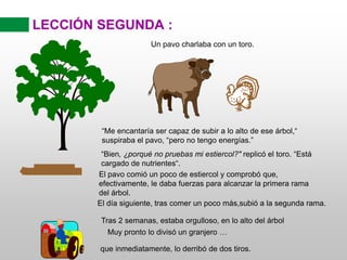 “Me encantaría ser capaz de subir a lo alto de ese árbol,“
suspiraba el pavo, “pero no tengo energías.”
LECCIÓN SEGUNDA :
Un pavo charlaba con un toro.
“Bien, ¿porqué no pruebas mi estiercol?" replicó el toro. “Está
cargado de nutrientes“.
El pavo comió un poco de estiercol y comprobó que,
efectivamente, le daba fuerzas para alcanzar la primera rama
del árbol.
El día siguiente, tras comer un poco más,subió a la segunda rama.
Tras 2 semanas, estaba orgulloso, en lo alto del árbol
Muy pronto lo divisó un granjero …
que inmediatamente, lo derribó de dos tiros.
 
