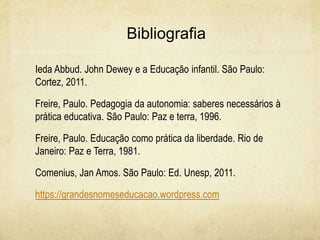 Bibliografia
Ieda Abbud. John Dewey e a Educação infantil. São Paulo:
Cortez, 2011.
Freire, Paulo. Pedagogia da autonomia: saberes necessários à
prática educativa. São Paulo: Paz e terra, 1996.
Freire, Paulo. Educação como prática da liberdade. Rio de
Janeiro: Paz e Terra, 1981.
Comenius, Jan Amos. São Paulo: Ed. Unesp, 2011.
https://grandesnomeseducacao.wordpress.com
 
