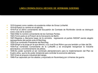 1910-Ingresó como cadete a la academia militar de Gross Lichterfel. 1914-Empezó su carrera en el ejército. 1918-Fue el último comandante del Escuadrón de Combate de Richthofen donde se distinguió como unas de la aviación. 1922-Hitler lo nombró comandante de los Camisas Pardas. 1923-Tomó parte en el Putsch de la Cervecería de Berlín.  1927-Regresa a Alemania luego de la amnistía,  regresando al partido NSDAP siendo elegido representante del partido ante el Reichtag.  1932-Fue nombrado Presidente del Reichtag.  1934-Dirigió a la purga en la que eliminó, a su rival Ernst Röhm que era también un líder del SA.  1935-Fue nombrado Comandante de la Luftwaffe y se encargóde reorganizar la industria aeronáutica y el entrenamiento de pilotos.  1936-Su poder aumentó al ser nombrado plenipotenciario para la implementación del Plan de Cuatro años, que le dio poder dictatorial para controlar la economía alemana.  1937-Creó el emporio industrial del trabajo.  1946-Fue capturado por los aliados y enjuiciado en Nuremberg por crímenes de guerra. 