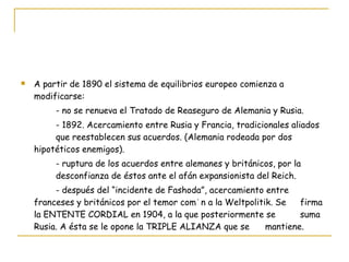A partir de 1890 el sistema de equilibrios europeo comienza a modificarse: - no se renueva el Tratado de Reaseguro de Alemania y Rusia. - 1892. Acercamiento entre Rusia y Francia, tradicionales aliados  que reestablecen sus acuerdos. (Alemania rodeada por dos  hipotéticos enemigos). - ruptura de los acuerdos entre alemanes y británicos, por la  desconfianza de éstos ante el afán expansionista del Reich. - después del “incidente de Fashoda”, acercamiento entre  franceses y británicos por el temor común a la Weltpolitik. Se  firma la ENTENTE CORDIAL en 1904, a la que posteriormente se  suma Rusia. A ésta se le opone la TRIPLE ALIANZA que se  mantiene. 