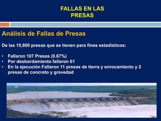 FALLAS EN LAS
PRESAS
Análisis de Fallas de Presas
De las 15,800 presas que se tienen para fines estadísticos:
• Fallaron 107 Presas (0.67%)
• Por desbordamiento fallaron 61
• En la ejecución Fallaron 11 presas de tierra y enrocamiento y 2
presas de concreto y gravedad
 