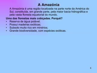 A Amazónia A Amazónia é uma região localizada na parte norte da América do Sul, constituída, em grande parte, pela maior bacia hidrográfica e pela vasta floresta equatorial do mundo.  Uma das florestas mais cobiçadas. Porquê? Reserva de água potável; Possui madeiras exóticas; Subsolo muito rico em minérios; Grande biodiversidade, com espécies exóticas. 