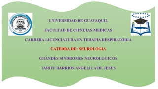 UNIVERSIDAD DE GUAYAQUIL
FACULTAD DE CIENCIAS MEDICAS
CARRERA LICENCIATURA EN TERAPIA RESPIRATORIA
CATEDRA DE: NEUROLOGIA
GRANDES SINDROMES NEUROLOGICOS
TARIFF BARRIOS ANGELICA DE JESUS
 