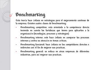 Benchmarking
Esta teoría hace énfasis en estrategias para el mejoramiento continuo de
la empresa. Existen cuatro clases de benchmarking:
•
Benchmarking competitivo: esta orientada a la competencia directa
teniendo en cuenta las fortalezas que tienen para aplicarlos a la
organización (tecnologías, procesos y estrategias)
•
Benchmarking interno: este hace énfasis en comparar los procesos
internos y centra su atención en temas críticos.
•
Benchmarking funcional: hace énfasis en los competidores directos e
indirectos con el fin de mejorar sus practicas.
•
Benchmarking general: se enfoca en otras empresas de diferentes
industrias, para así mejorar sus practicas.

 