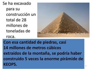 Se ha excavado
para su
construcción un
total de 28
millones de
toneladas de
roca.
12
Con esa cantidad de piedras, casi
14 millones de metros cúbicos
extraídos de la montaña, se podría haber
construido 5 veces la enorme pirámide de
KEOPS.
 