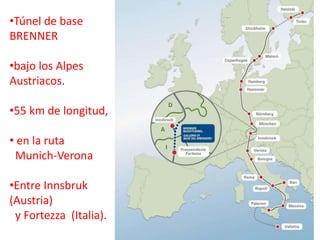 138
•Túnel de base
BRENNER
•bajo los Alpes
Austriacos.
•55 km de longitud,
• en la ruta
Munich-Verona
•Entre Innsbruk
(Austria)
y Fortezza (Italia).
 