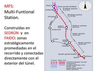 51
MFS:
Multi-Funtional
Station.
Construidas en
SEDRÚN y en
FAIDO: zonas
estratégicamente
promediadas en el
recorrido y conectadas
directamente con el
exterior del túnel.
 
