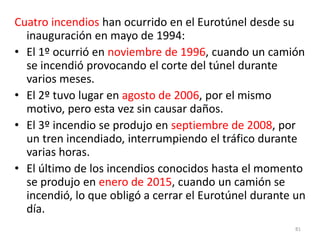 81
Cuatro incendios han ocurrido en el Eurotúnel desde su
inauguración en mayo de 1994:
• El 1º ocurrió en noviembre de 1996, cuando un camión
se incendió provocando el corte del túnel durante
varios meses.
• El 2º tuvo lugar en agosto de 2006, por el mismo
motivo, pero esta vez sin causar daños.
• El 3º incendio se produjo en septiembre de 2008, por
un tren incendiado, interrumpiendo el tráfico durante
varias horas.
• El último de los incendios conocidos hasta el momento
se produjo en enero de 2015, cuando un camión se
incendió, lo que obligó a cerrar el Eurotúnel durante un
día.
 