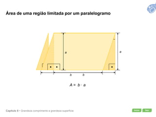 Início SairCapítulo 8 • Grandeza comprimento e grandeza superfície
A = b . a
a
b b
a
Área de uma região limitada por um paralelogramo
a
 